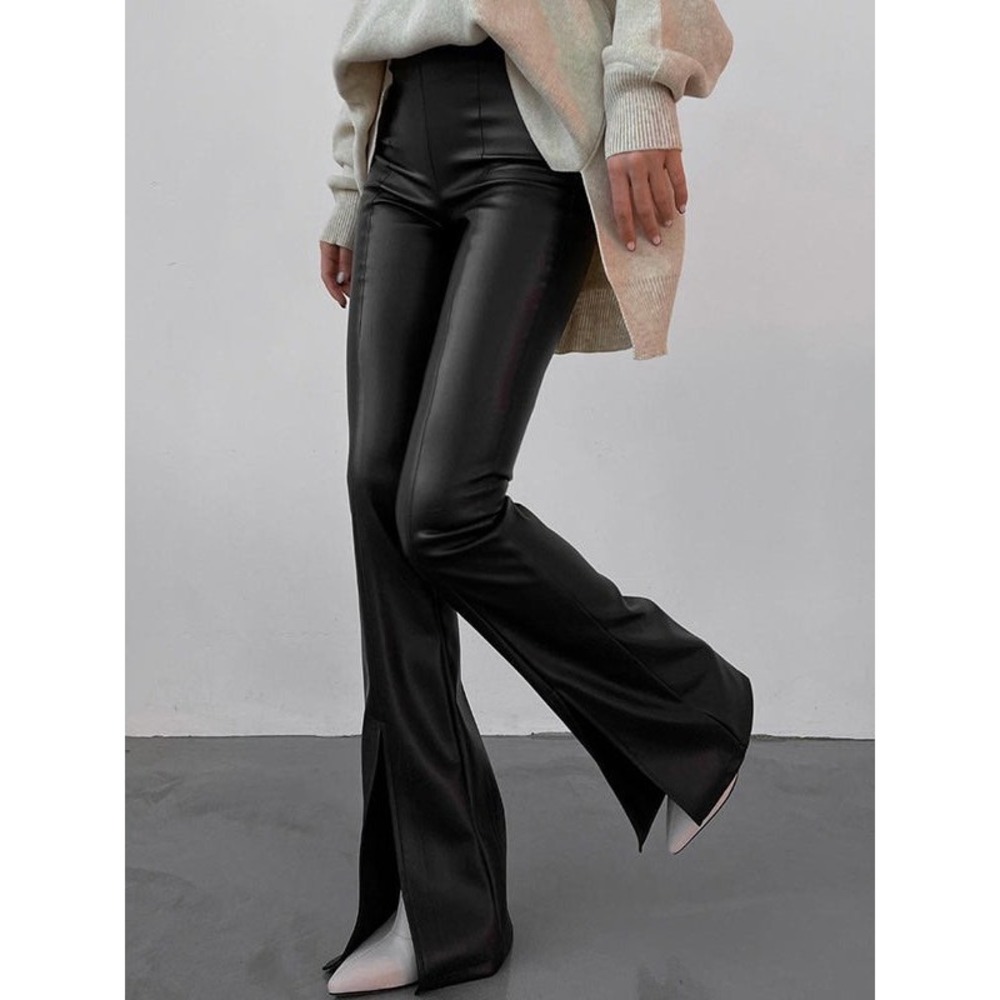 COMMENSE Black Faux Leather Zippered Flare Pants NWT Size L